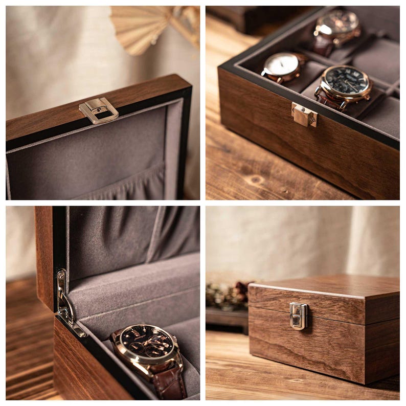 Puede incluir: Una caja de madera de color marr&oacute;n oscuro para guardar relojes, con un cierre de metal plateado, tapa con bisagras y un forro interior de tela gris suave. La caja incluye varios compartimentos para relojes y bisagras met&aacute;licas visibles.