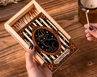 Personalized Halloween Wooden Matchbox, Custom Text Witch Ghost Cat Pumpkin Party Decor