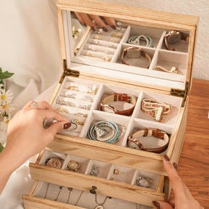 Personalized Wooden Jewelry Box, Engraved Jewelry Organizer with mirror, Necklace Storage, Birthday Gifts, Mother's Day idea, Gifts For Her 3-layer with mirror