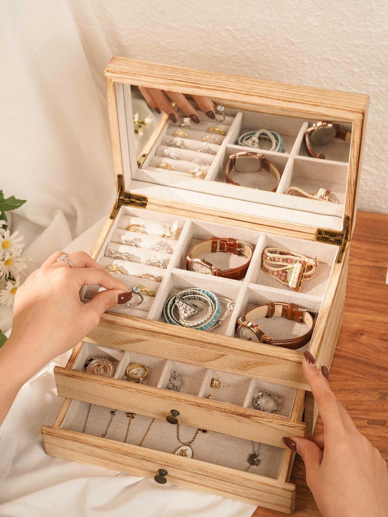 Personalized Wooden Jewelry Box, Engraved Jewelry Organizer with mirror, Necklace Storage, Birthday Gifts, Mother's Day idea, Gifts For Her 3-layer with mirror