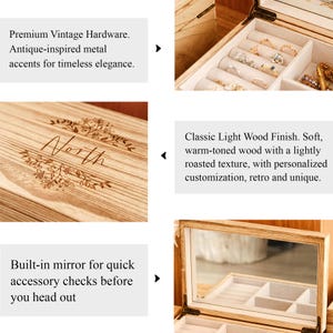 May include: Wooden jewelry box with a light wood finish, featuring a built-in mirror and antique-inspired metal accents. The box has a personalized engraving that reads "North".