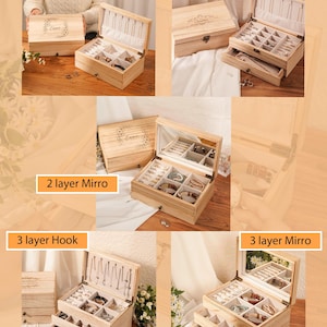 Personalized Wooden Jewelry Box, Engraved Jewelry Organizer with mirror, Necklace Storage, Birthday Gifts, Mother's Day idea, Gifts For Her image 5