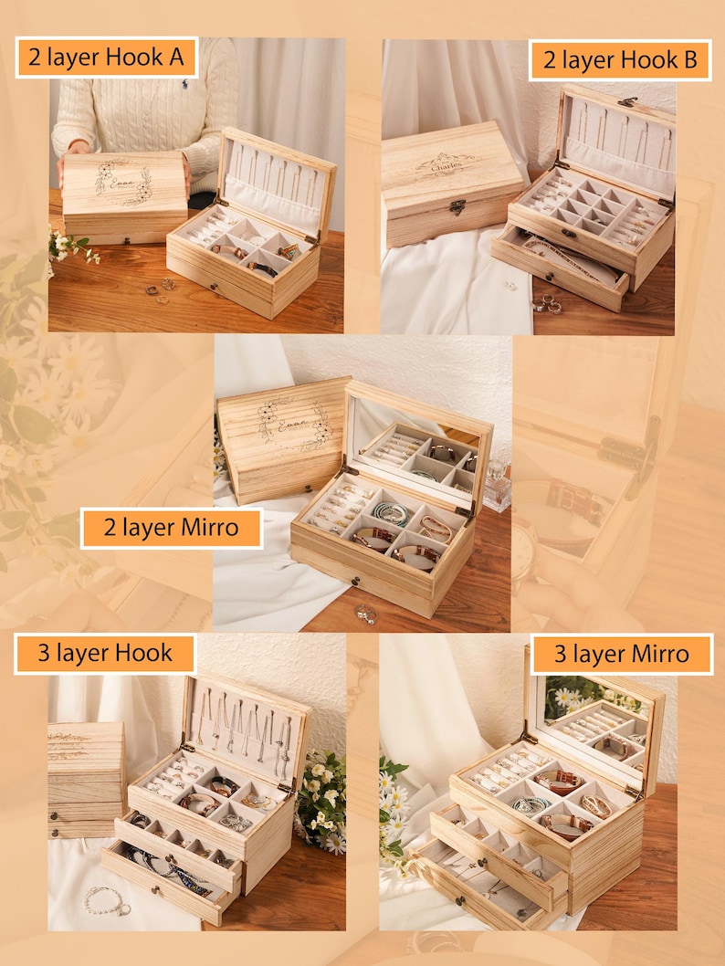 Personalized Wooden Jewelry Box, Engraved Jewelry Organizer with mirror, Necklace Storage, Birthday Gifts, Mother's Day idea, Gifts For Her image 5