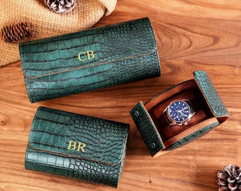 Personalized Vegan Leather Watch Roll, 2 Slot Travel Watch Box for Him, Custom Initial Watch Box Gift For Best Man, Wedding Party Favor