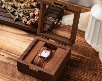 Caja de reloj de madera de nogal personalizada, caja de cristal grabada, regalos para novios, regalos para él, regalos de San Valentín para esposos.