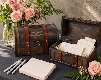 Personalized Wedding Keepsake Chest, Vintage Wooden Card Box, Custom Names and Date Memory Trunk, Bridal Shower Gift for Couple