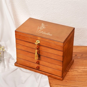 Caja de joyería de madera personalizada / Organizador de joyas grande con 5 cajones / Caja para collares personalizada para mamá, regalo para ella / Regalos para el Día de la Madre