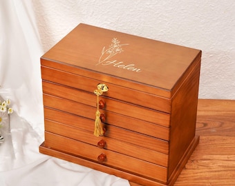 Personalized Wooden Jewelry Box | Large Jewellry Organizer With 5-Drawer | Custom Necklace Box for Mom, Gift for Her | Mothers day gifts