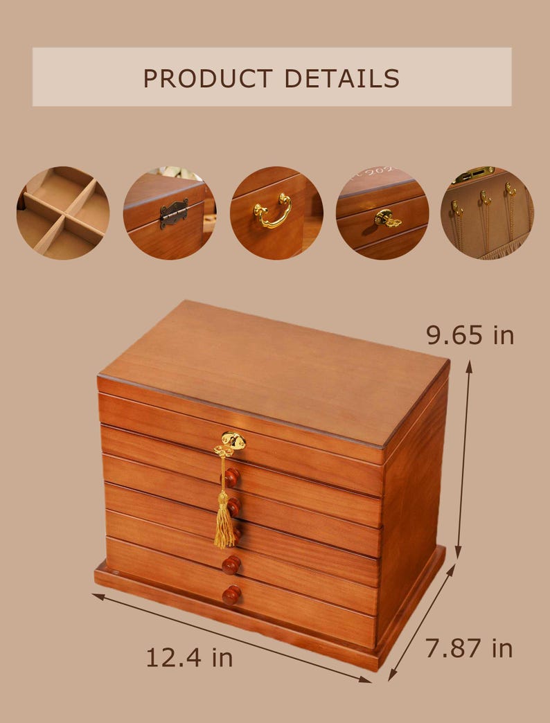 Caja de joyería de madera personalizada / Organizador de joyas grande con 5 cajones / Caja para collares personalizada para mamá, regalo para ella / Regalos para el Día de la Madre imagen 11
