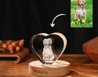 Personalized 3D Heart Crystal Photo LED Light, Engraved Crystal Dog Photo Ornaments , Crystal Glass Photo Gift for Pet, Gifts for Boyfriend