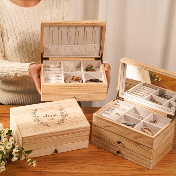 Personalized Wooden Jewelry Box, Engraved Jewelry Organizer with mirror, Necklace Storage, Birthday Gifts, Mother's Day idea, Gifts For Her