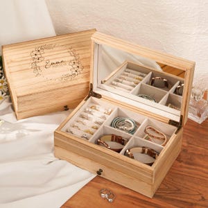 Personalized Wooden Jewelry Box, Engraved Jewelry Organizer with mirror, Necklace Storage, Birthday Gifts, Mother's Day idea, Gifts For Her 2-layer with mirror