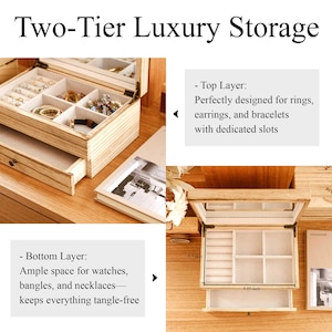 May include: Two-tier wooden jewelry storage box with a light finish. The top layer is designed for rings, earrings, and bracelets. The bottom layer offers space for watches, bangles, and necklaces. The box measures 8.85 inches wide and 5.3 inches high.