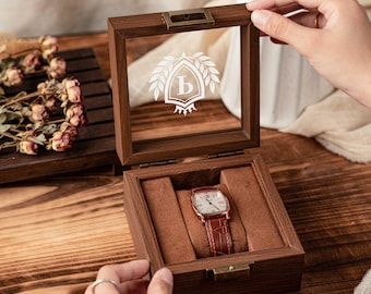 Personalized Walnut Wood Watch Box, Engraved Glass Box, Gift for Boyfriend, Gift for Him, Gift for Husbands, Halloween Gift, Christmas Gift