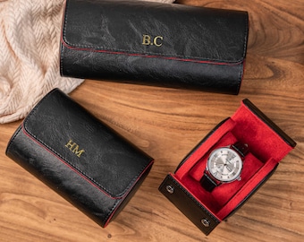 Estuche de lujo para relojes negro con forro de terciopelo rojo, estuche de cuero para hombre, estuche de viaje con 1 compartimento, regalo de Navidad personalizado.