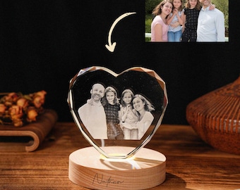 Lámpara LED personalizada con forma de corazón y cristal, luz con retrato grabado, decoración personalizada para el hogar, regalos personalizados para el Día de la Madre.