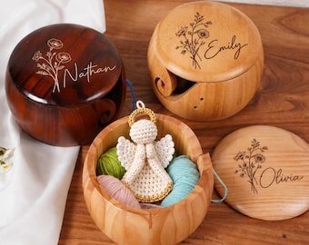 Personalized Birth Flower Yarn Bowl or DIY Crochet Angel Kit, Christmas Crochet Gift Set for Knitters & Crocheters