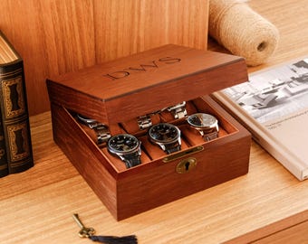 Personalized Walnut Wood Watch Box with Lock: Engraved 6-Slot Case