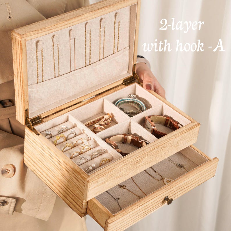 Personalized Wooden Jewelry Box, Engraved Jewelry Organizer with mirror, Necklace Storage, Birthday Gifts, Mother's Day idea, Gifts For Her 2-layer with hook -A
