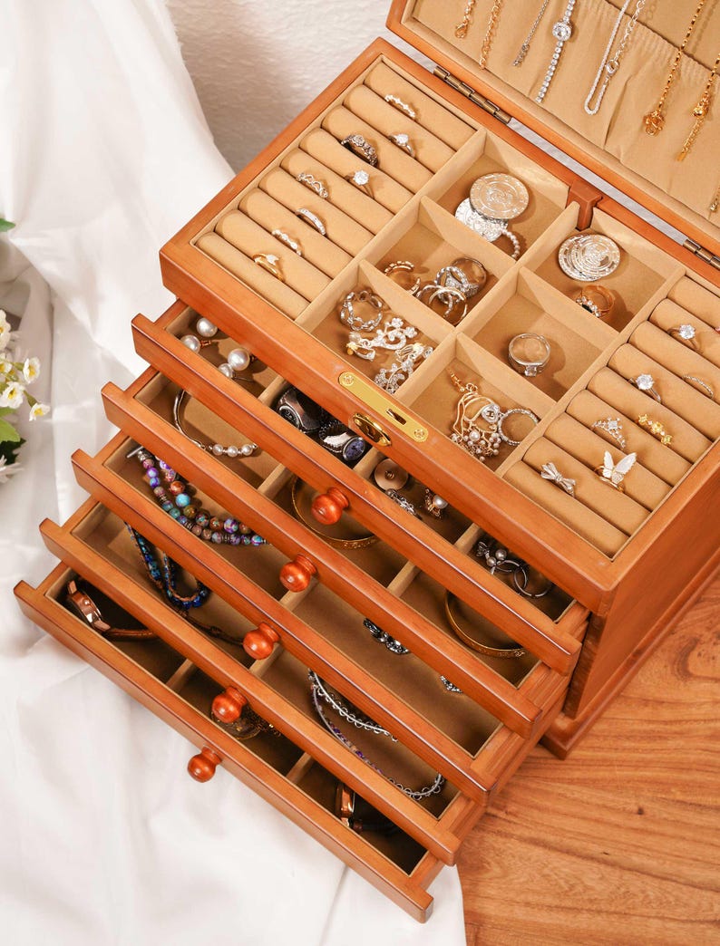 Caja de joyería de madera personalizada / Organizador de joyas grande con 5 cajones / Caja para collares personalizada para mamá, regalo para ella / Regalos para el Día de la Madre imagen 7