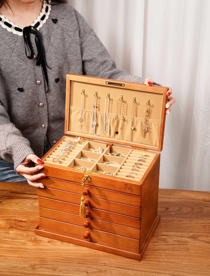Caja de joyería de madera personalizada / Organizador de joyas grande con 5 cajones / Caja para collares personalizada para mamá, regalo para ella / Regalos para el Día de la Madre imagen 5