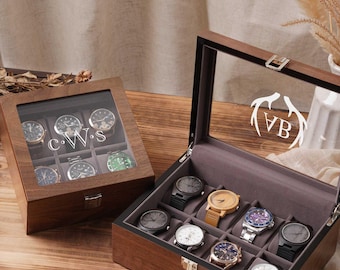 Personalized Walnut Wood Watch Box 6/8 Slots, Engraved Glass Lid Watch Jewelry Case, Groom Wedding Gift, Valentine's Day Gifts Him