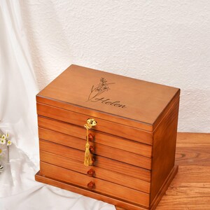 Caja de joyería de madera personalizada / Organizador de joyas grande con 5 cajones / Caja para collares personalizada para mamá, regalo para ella / Regalos para el Día de la Madre Black laser