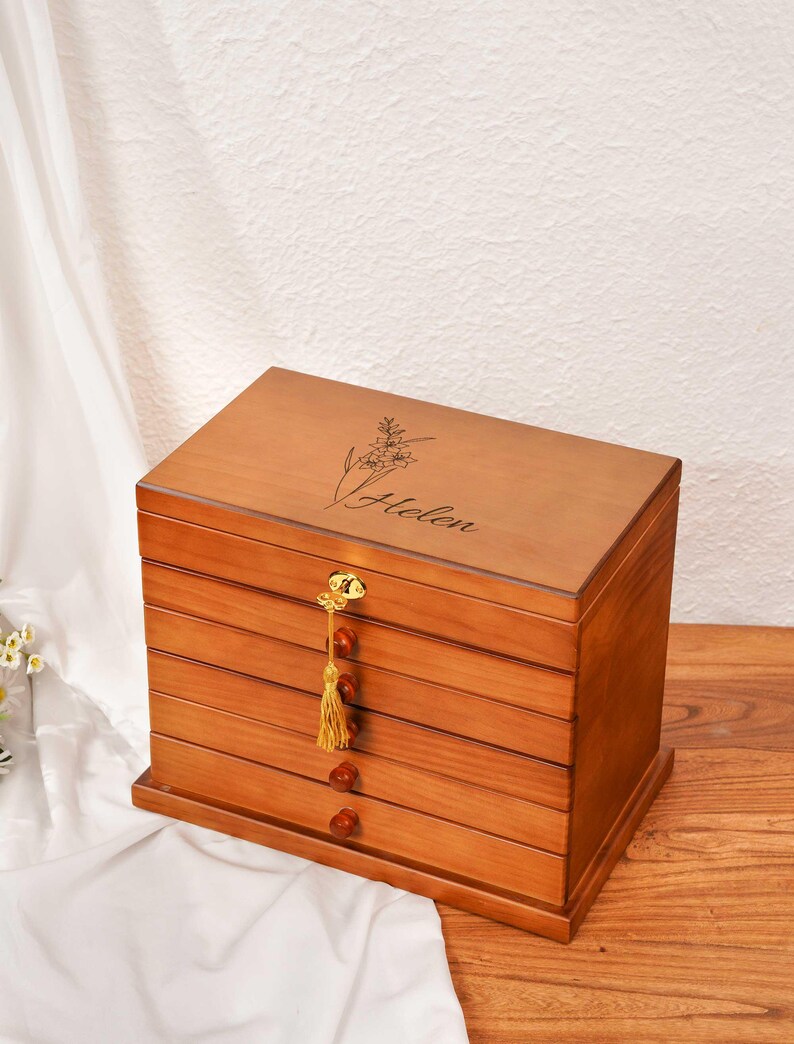 Caja de joyería de madera personalizada / Organizador de joyas grande con 5 cajones / Caja para collares personalizada para mamá, regalo para ella / Regalos para el Día de la Madre Black laser