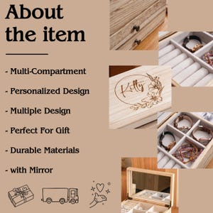 May include: Wooden jewelry box with multiple compartments and a mirror. The box features a personalized design with the name "Kitty" engraved on the lid. The box is designed to hold jewelry and watches.