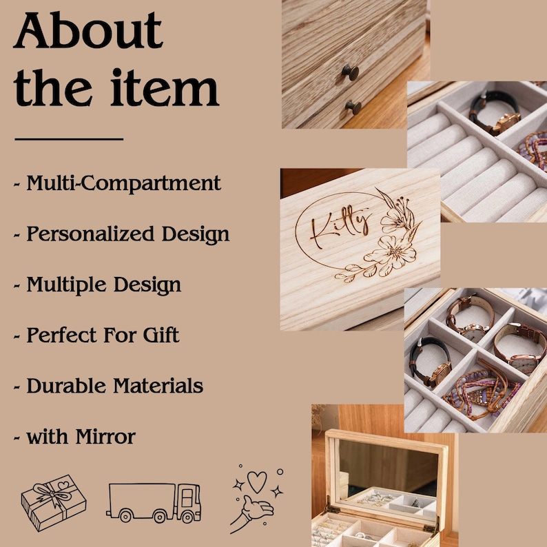 May include: Wooden jewelry box with multiple compartments and a mirror. The box features a personalized design with the name "Kitty" engraved on the lid. The box is designed to hold jewelry and watches.