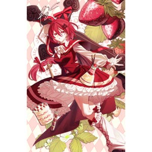 May include: An anime-style illustration featuring a character in a red dress with white accents, surrounded by strawberries and desserts. The character has red hair and eyes, with a playful pose. The background is a pink and white diamond pattern.