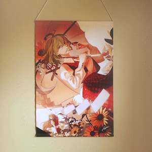 May include: A wall hanging featuring an anime-style illustration. The artwork depicts a person playing a violin under an umbrella, surrounded by sunflowers. The color palette includes shades of red, orange, and brown.