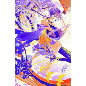 May include: A woman with purple hair plays a stringed instrument in a vibrant, colorful setting. She is wearing a purple and yellow robe and is surrounded by purple flowers and birds.