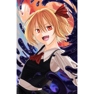 May include: A young woman with orange hair and red eyes is smiling with her mouth open. She is wearing a black and white school uniform with a red bow tie. The background is a dark blue and purple swirl with stars.