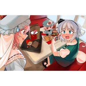 May include: Two anime characters are sitting at a table in a fast food restaurant. One character is wearing a blue and white dress and has pink hair. The other character is wearing a green dress and has white hair. They are both looking at a phone. There is a question mark in a thought bubble above the character in the blue dress. There is a small anime character in a blue and white hat sitting on a red and white box. There are fries and a burger on the table.