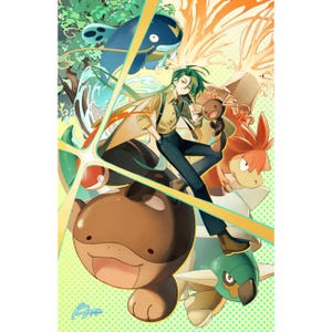 May include: An illustration featuring a character with green hair and a tan coat, surrounded by various cartoon creatures. The background has a yellow and green color scheme with a variety of shapes and designs.