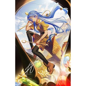 May include: Digital illustration of an anime-style character with long blue hair and a yellow outfit. The character is holding two golden rods and is set against a background of gold coins and gems. The artwork has a fantasy theme.