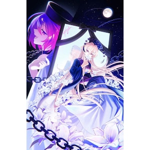 May include: An anime-style illustration featuring two figures. One figure has pink hair and is partially visible on the left, while the other, with long blonde hair, is in a blue and white kimono. The background includes a night sky with a full moon and white flowers.