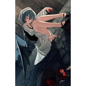 May include: A woman with blue hair and red eyes sits on a stone wall, holding a red apple. She is wearing a white dress with a black vest and black shoes. She has black wings behind her. There are red apples in a basket on the ground.