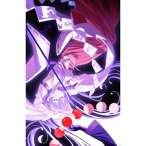 May include: A digital illustration of two women with long purple hair. One woman is wearing a white and purple outfit and the other is wearing a red and white outfit. The women are surrounded by white and purple objects.