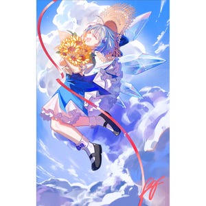 May include: A blue-haired anime character with a straw hat and a blue and white dress, holding a bouquet of sunflowers, flies through the air with a red ribbon trailing behind her.