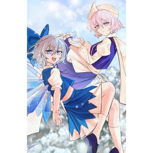 May include: Two anime characters, one with blue hair and a blue and white dress, and the other with pink hair and a white and purple dress, stand in a snowy landscape. The character with blue hair has wings made of ice crystals.
