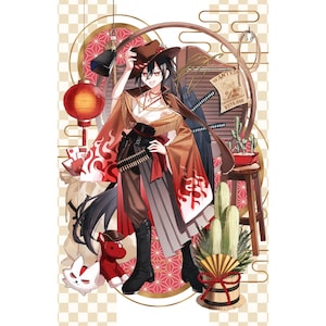 May include: An anime-style illustration of a character in a cowboy-inspired outfit. The character wears a brown hat, cape with flame designs, and a belt with bullets. A "Wanted" poster and a red lantern are also visible.