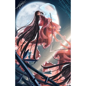 May include: A woman with long black hair wearing a red dress and holding a sword stands in front of a large moon. She is surrounded by bamboo stalks and a blue jellyfish.