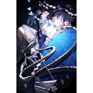 May include: An illustration of a person with white hair and a white and blue dress, holding a blue umbrella. The umbrella is decorated with butterflies and a rope handle. The background is dark.