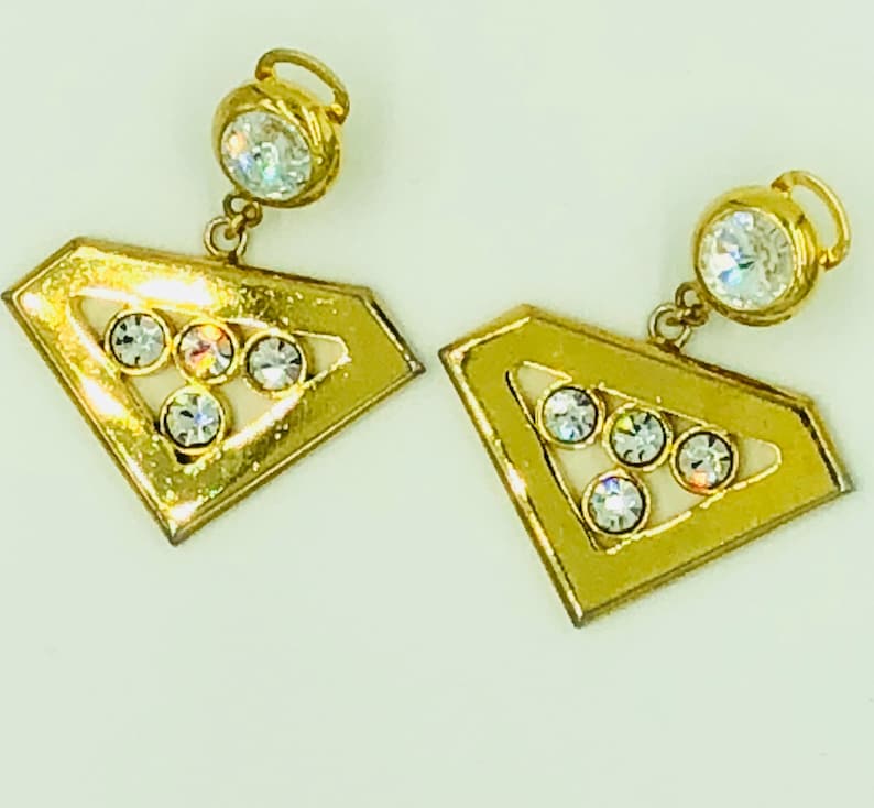 Vintage Valentino Earrings Clip Couture Costume Jewelry Gold Tone Rhinestones Made in Italy