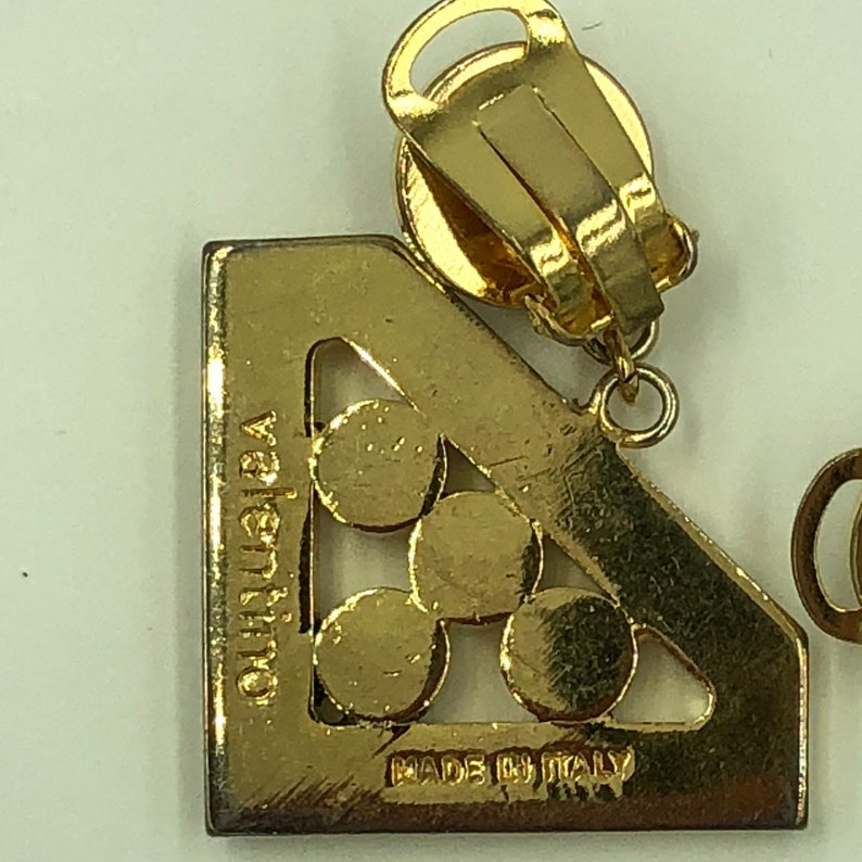 Vintage Valentino Earrings Clip Couture Costume Jewelry Gold Tone Rhinestones Made in Italy