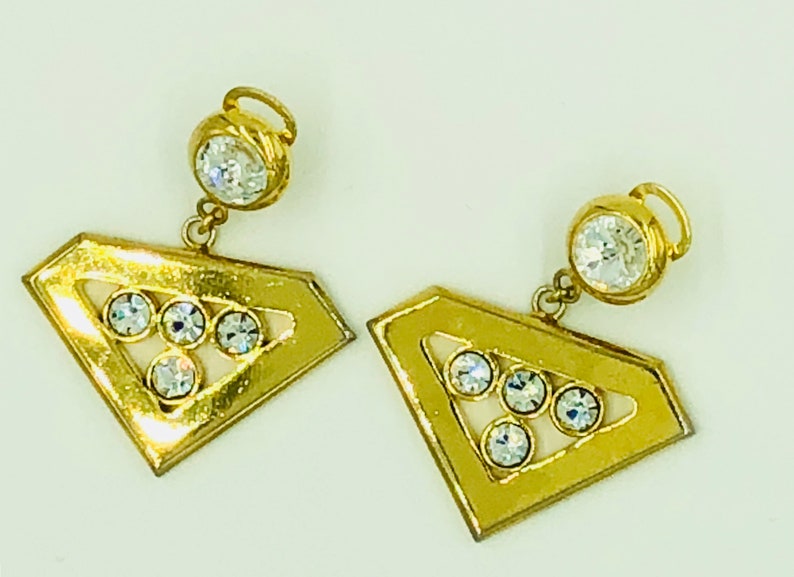 Vintage Valentino Earrings Clip Couture Costume Jewelry Gold Tone Rhinestones Made in Italy
