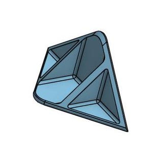 May include: A blue and gray diamond-shaped ceramic dish with three compartments. The dish is designed to hold small items, such as jewelry or trinkets.
