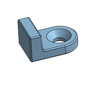May include: A light blue, 3D-rendered metal bracket with a right-angle design. It features a rectangular base and a circular hole on the extended arm. The object is isolated on a white background.